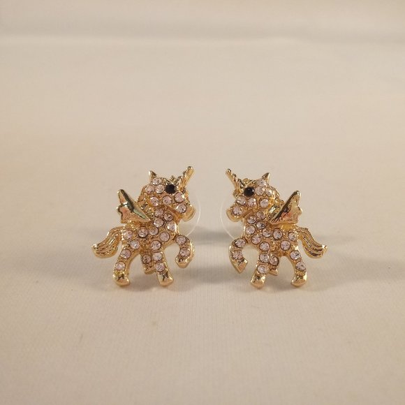 Gold Plated Unicorn Diamond Ziron Stud Earrings Party Gift - Picture 3 of 5
